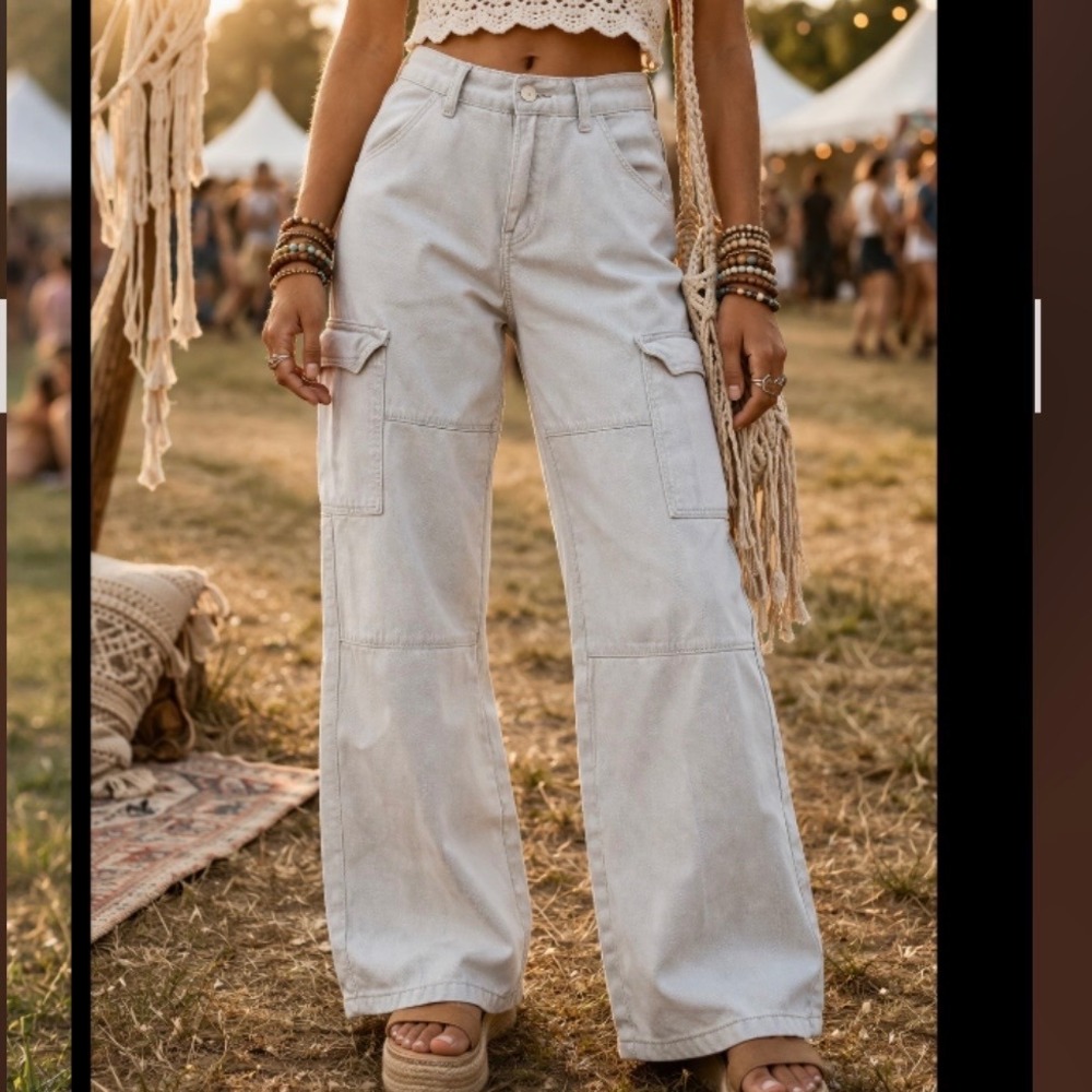 SHEIN Womens Petite XS Light Gray High Waisted Wide‎  Cargo Denim Pants Utility